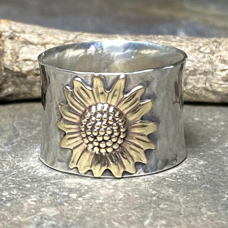 Bague en argent à large bande de tournesol doré