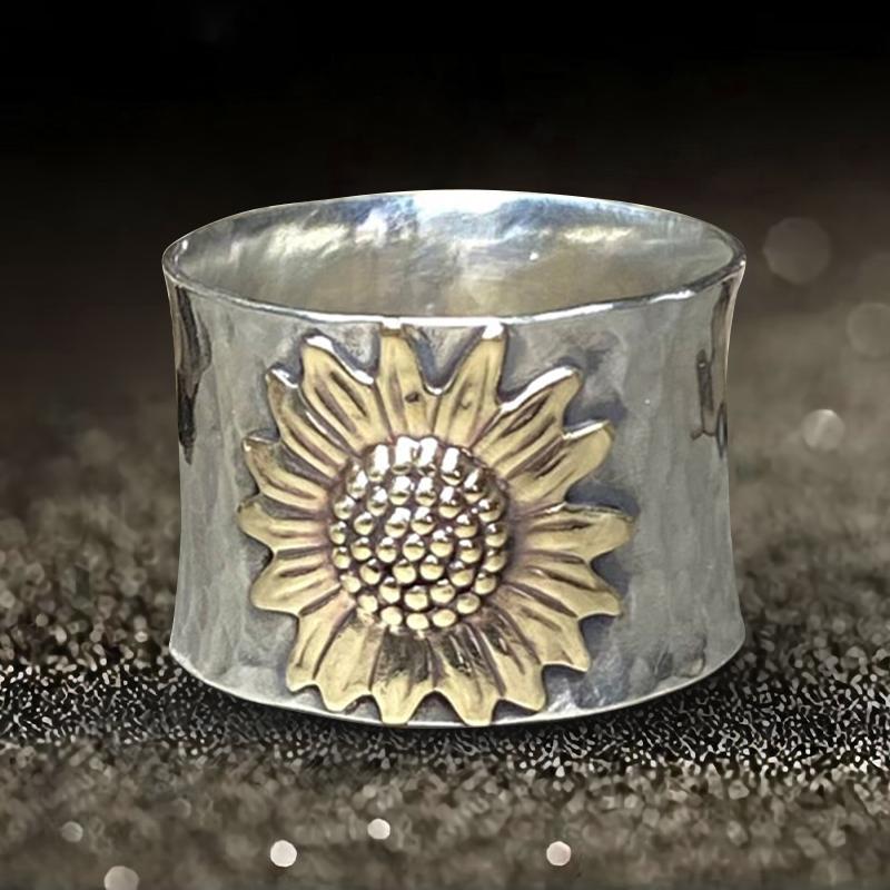 Bague en argent à large bande de tournesol doré