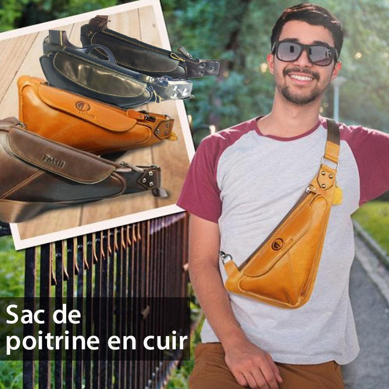 Sac Poitrine Bandoulière Homme Cuir Véritable Sacoche