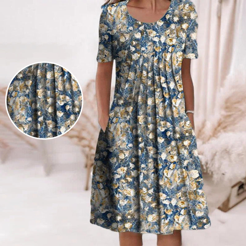 Robe mi-longue décontractée à col rond et à fleurs