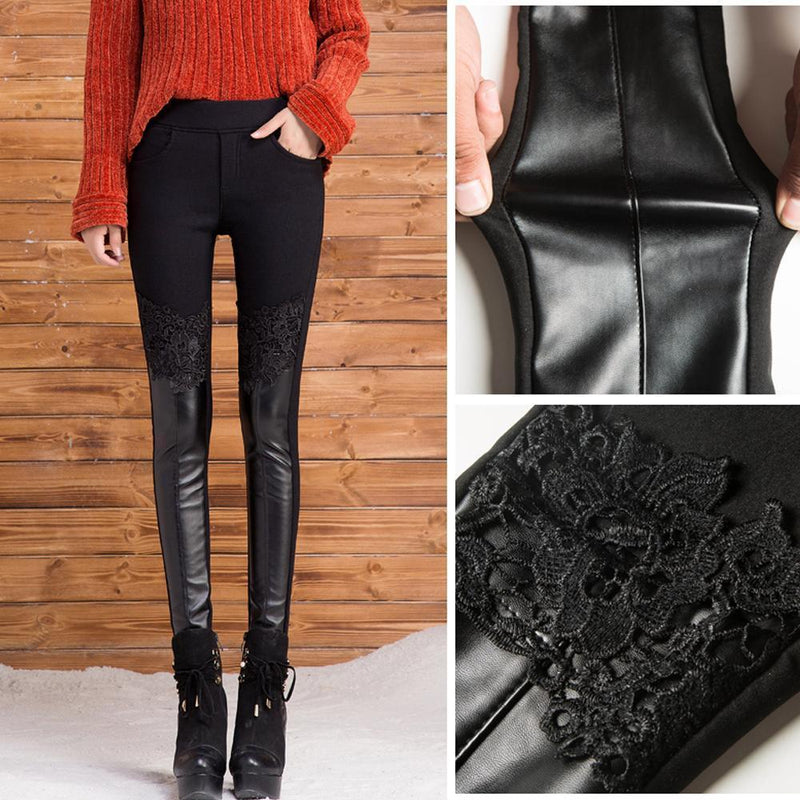 Pantalon Skinny Fit en Cuir avec Dentelle pour Femmes