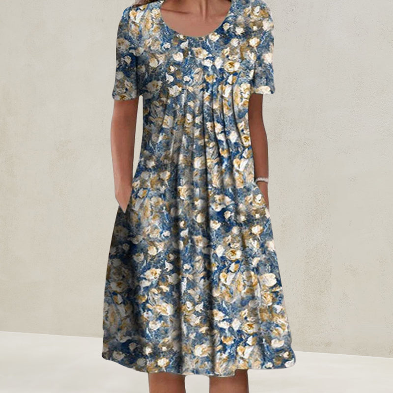 Robe mi-longue décontractée à col rond et à fleurs