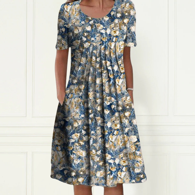 Robe mi-longue décontractée à col rond et à fleurs