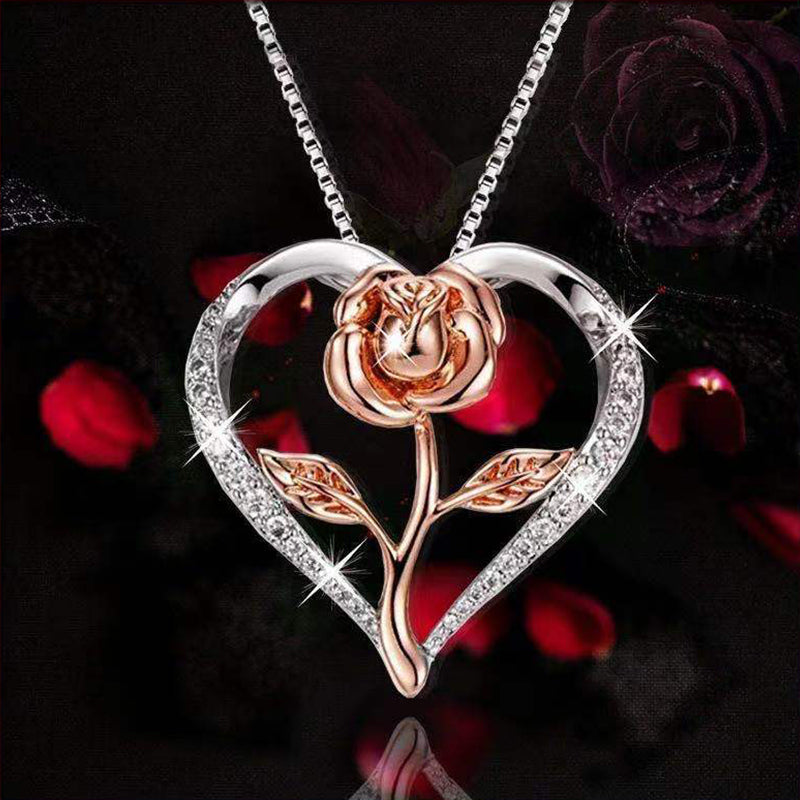 Collier Pendentif Élégant en Forme de Cœur avec Rose